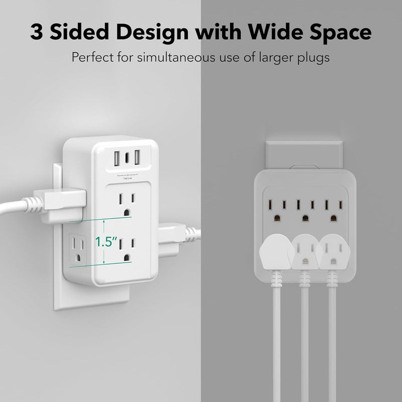 BN-LINK Multi Plug Outlet 2 Pack, 6 Wall Outlet Extender with 3 USB Charging Ports (1 USB C) Total 3.4A, 3-Sided Outlets Splitter Multiple Outlet Wall Plug for Home Office Dorm Room - Image 3